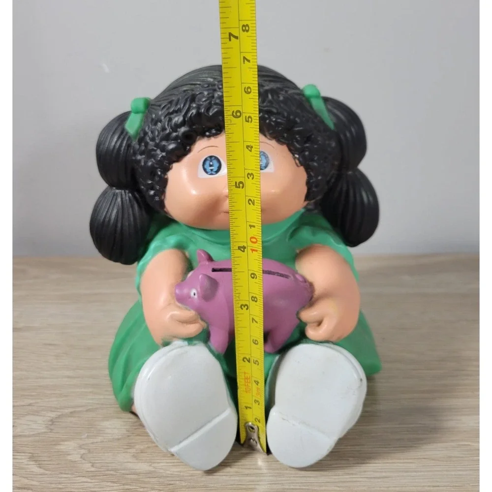 Cabbage Patch Kids Plastic‎ Piggy Coin Bank - Black Hair Green Dress VTG 1983